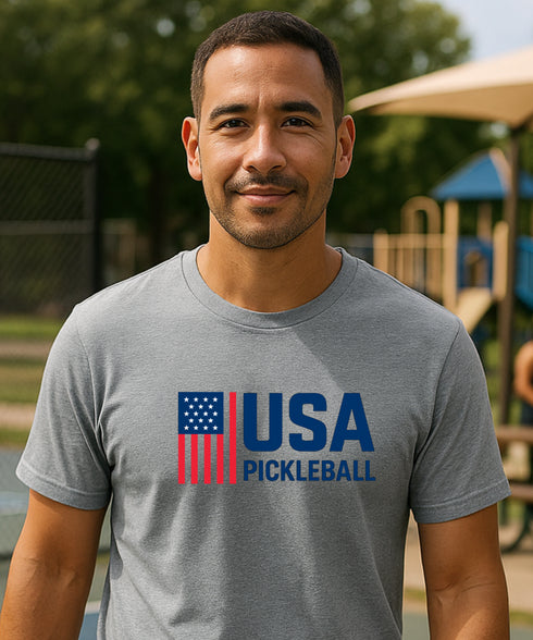 Patriotic USA Pickleball Flag by Pepini Pickleball β white Casual Wear Pickleball T-Shirt front view